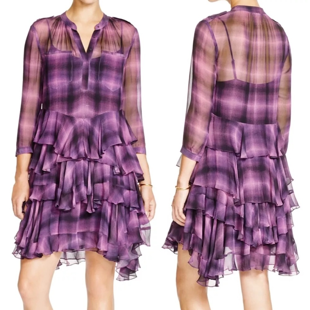 REBECCA TAYLOR PLAID SILK CHIFFON PURPLE RUFFLED SHIRT DRESS 4